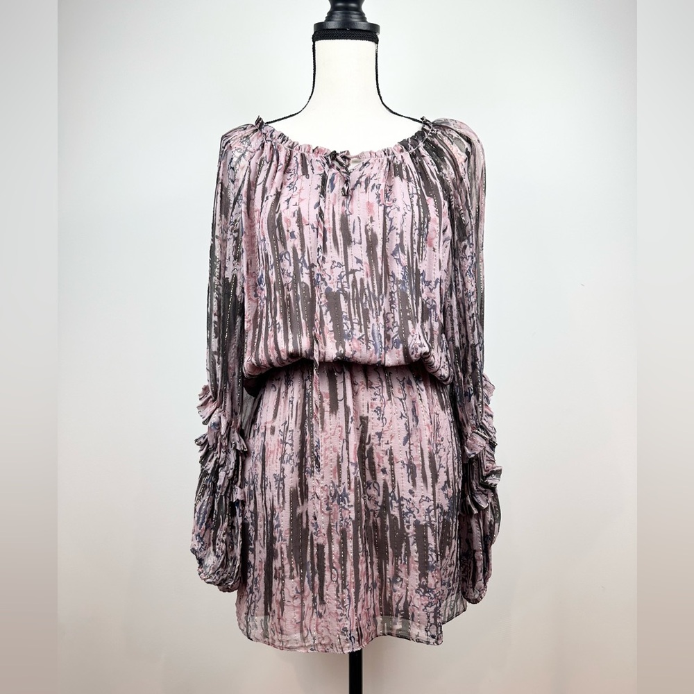 PARKER $298 Print Lined 100% Silk Flounce Mini Dress Size Small